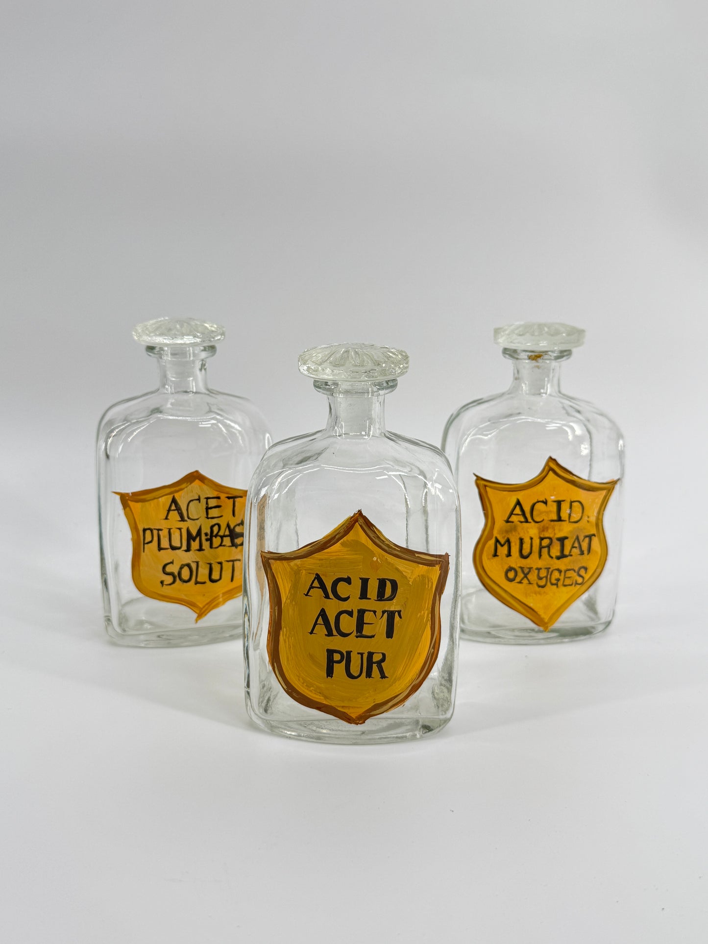 Set of 3 Vintage-Style Apothecary Clear Glass Bottles – Hand-Painted with Glass Stoppers - Curated Home Decor