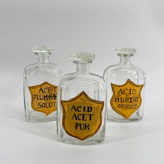 Set of 3 Vintage-Style Apothecary Clear Glass Bottles – Hand-Painted with Glass Stoppers