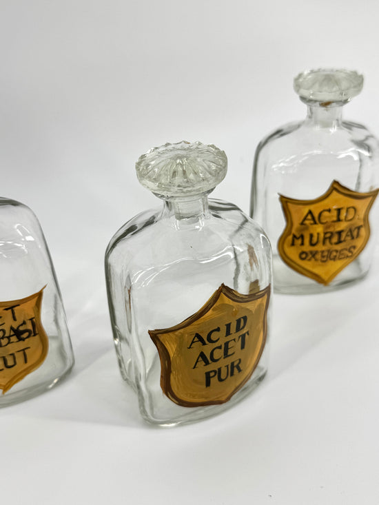 Set of 3 Vintage-Style Apothecary Clear Glass Bottles – Hand-Painted with Glass Stoppers