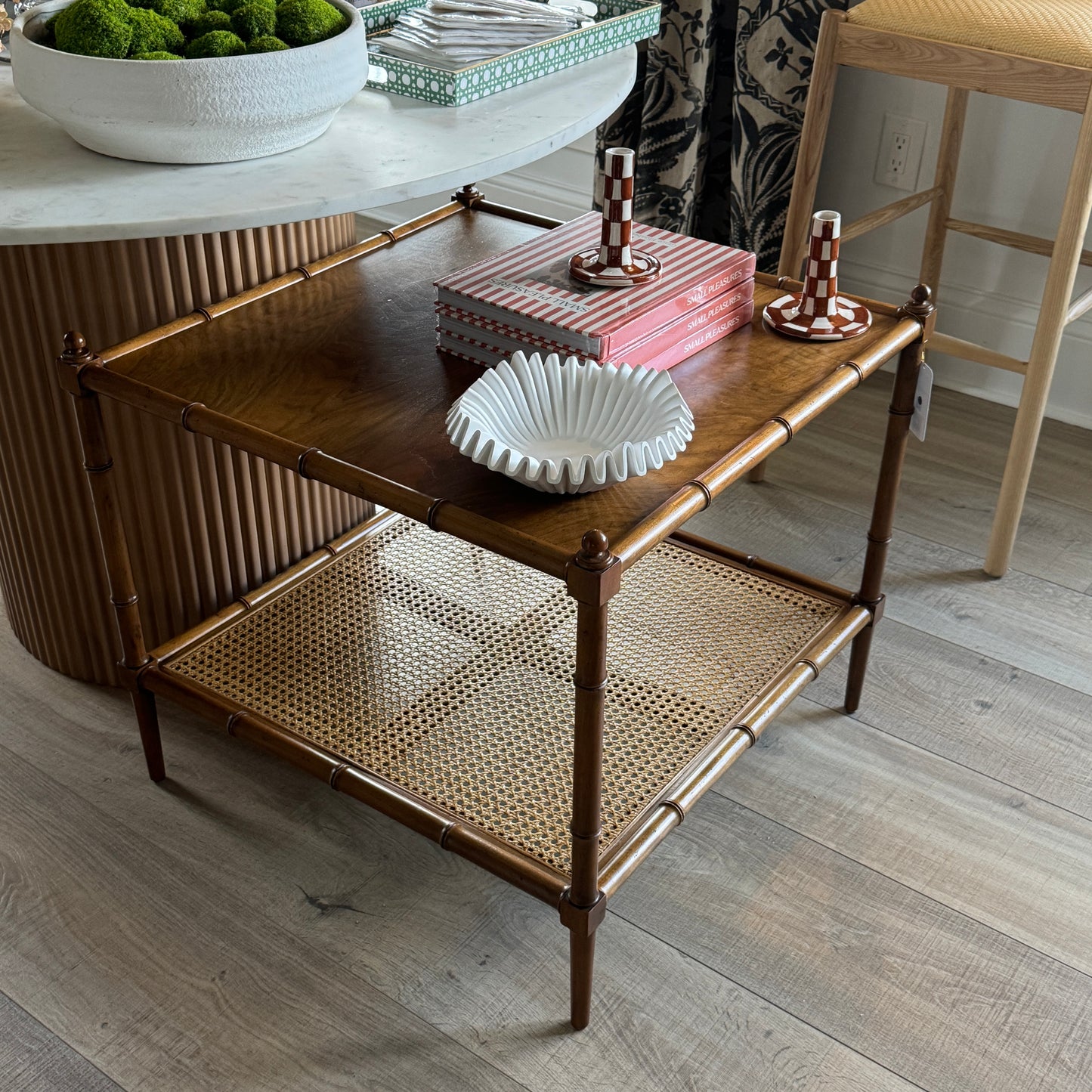 Baker Furniture Hollywood Regency Walnut, Faux Bamboo, and Cane Side Table