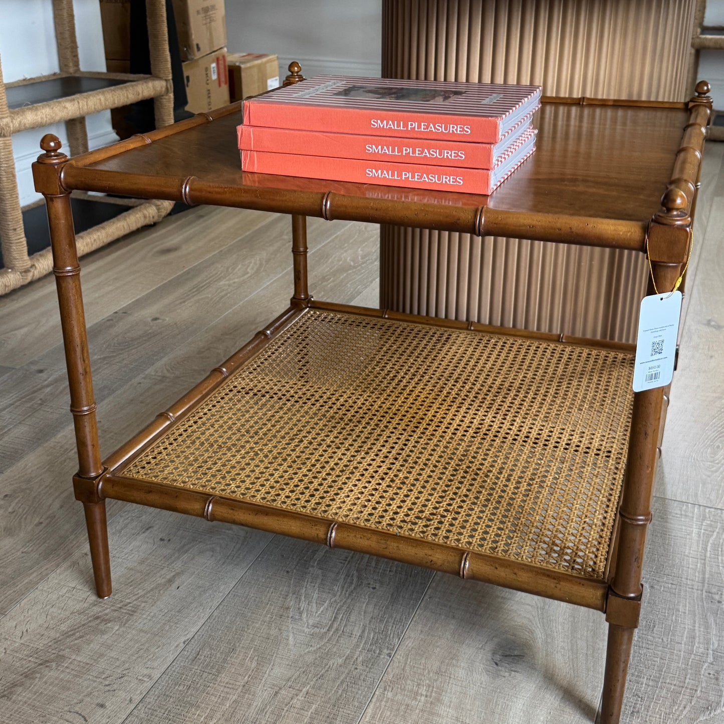 Baker Furniture Hollywood Regency Walnut, Faux Bamboo, and Cane Side Table