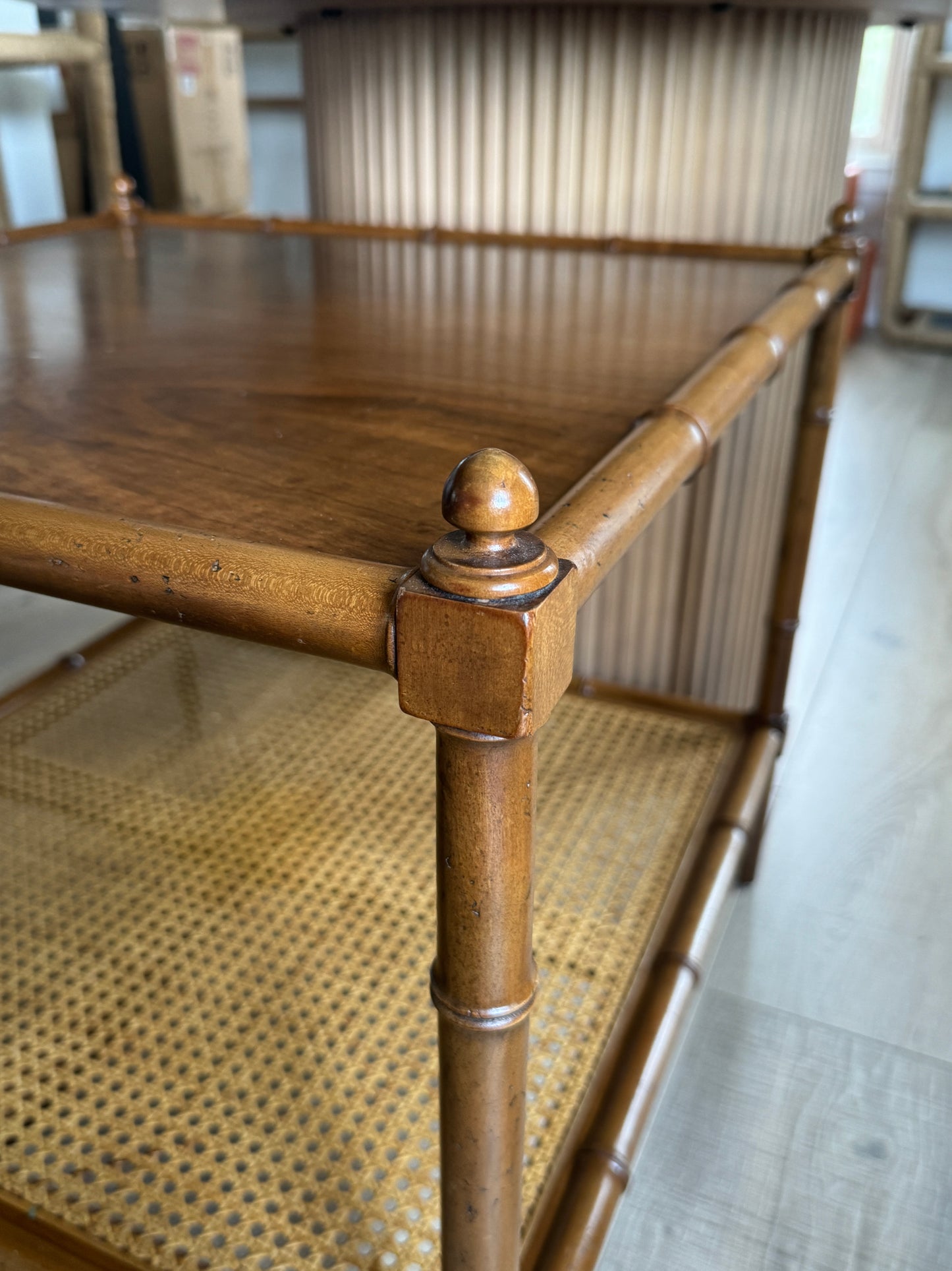 Baker Furniture Hollywood Regency Walnut, Faux Bamboo, and Cane Side Table