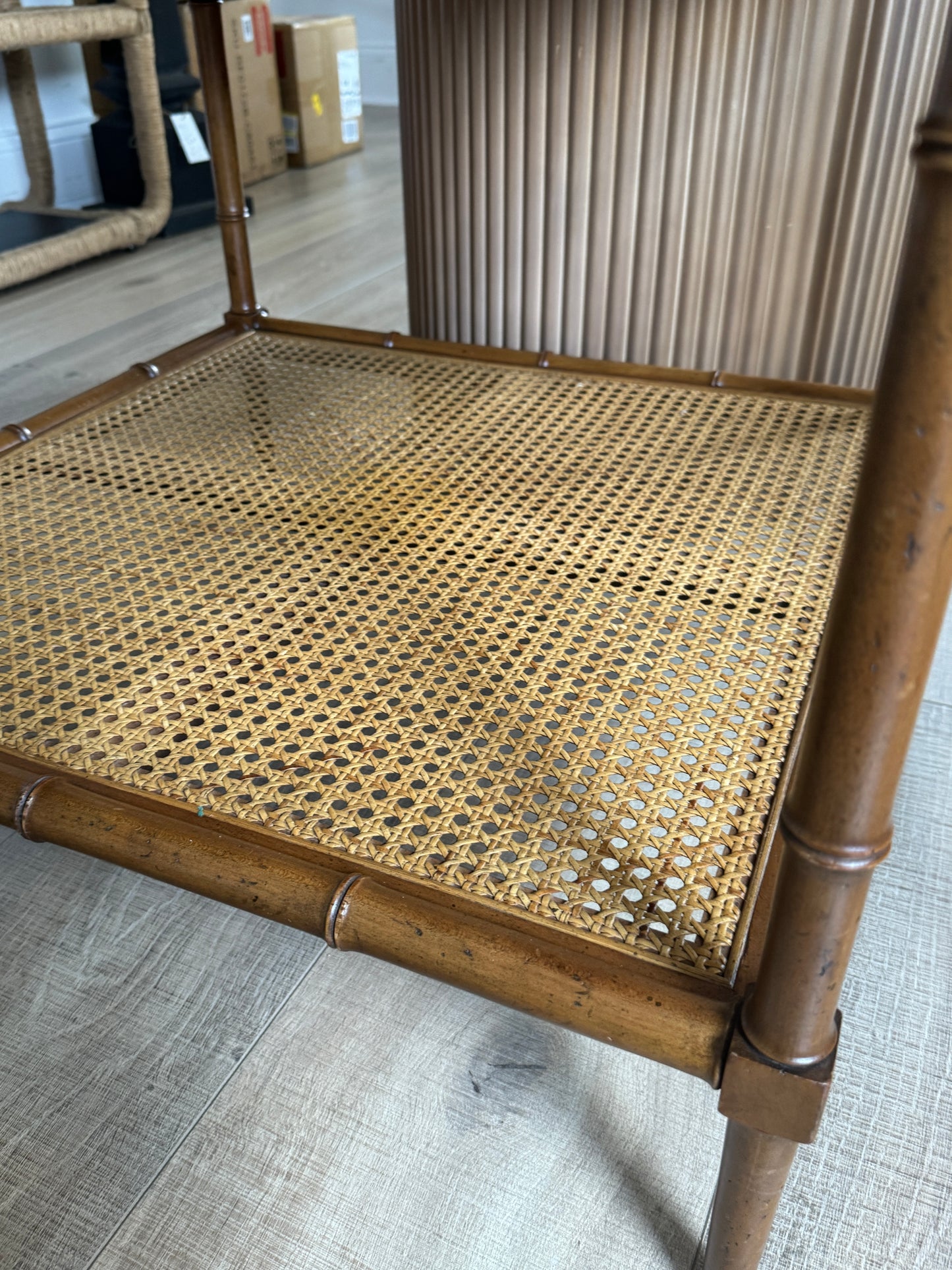 Baker Furniture Hollywood Regency Walnut, Faux Bamboo, and Cane Side Table