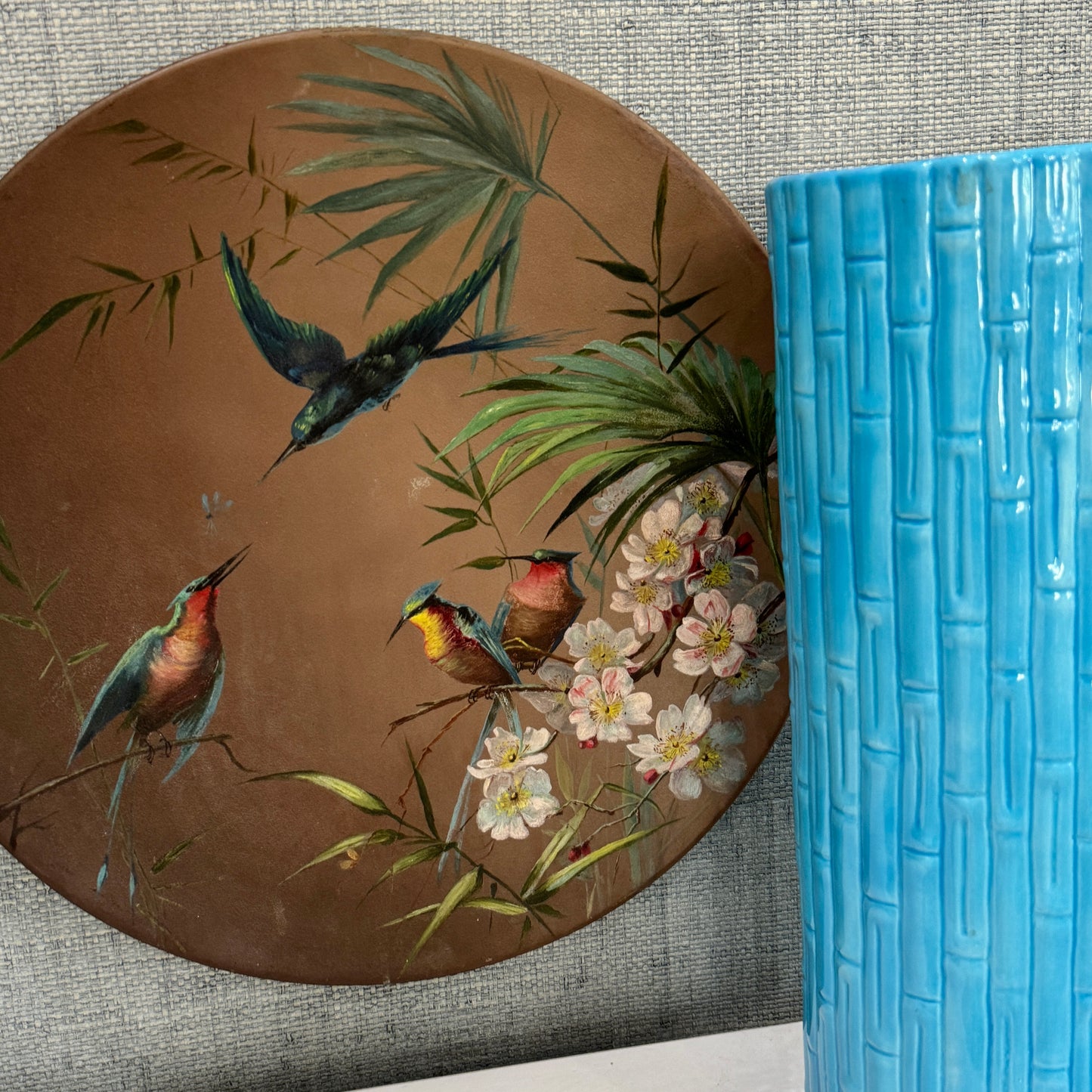 Antique Hand-Painted Metal Plaque – Botanical and Hummingbird Scene - Curated Home Decor