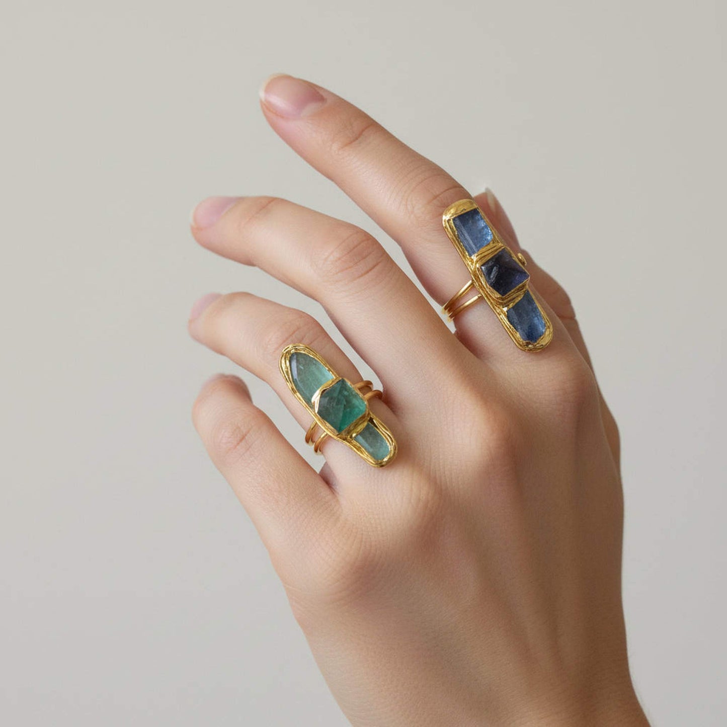 Statement Gem Adjustable Ring with raw green or blue stones in gold-tone setting