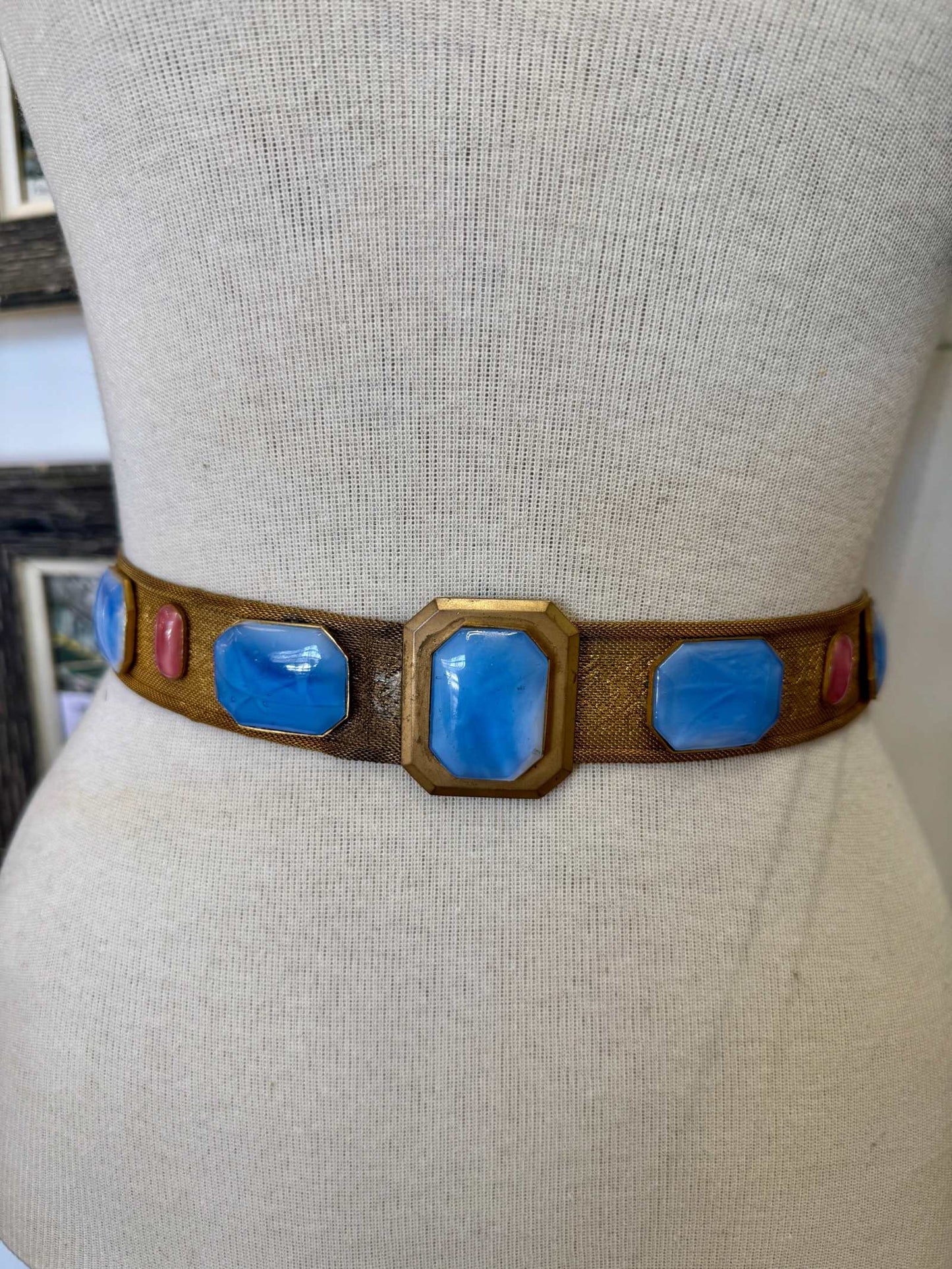
                  
                    Antique Edwardian to Art Deco Gilt Mesh Belt with Blue & Pink Glass Cabochons - Curated Home Decor
                  
                