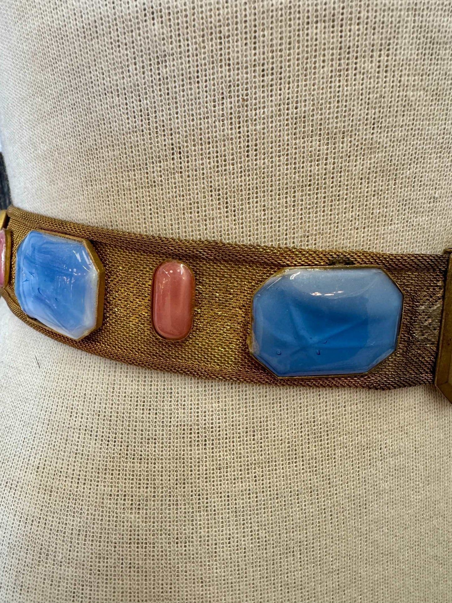 
                  
                    Antique Edwardian to Art Deco Gilt Mesh Belt with Blue & Pink Glass Cabochons - Curated Home Decor
                  
                