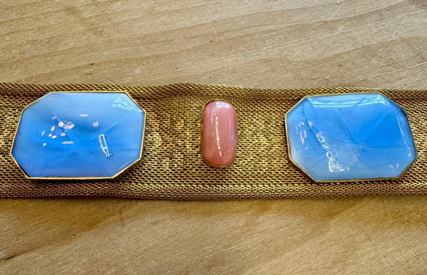 
                  
                    Antique Edwardian to Art Deco Gilt Mesh Belt with Blue & Pink Glass Cabochons - Curated Home Decor
                  
                