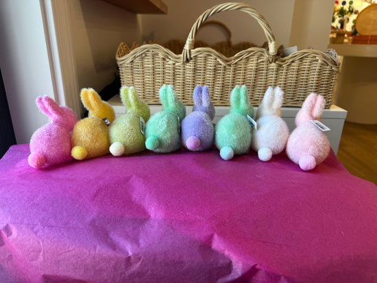 3.5" Pastel Flocked Bunnies with Pom Pom Tails - Curated Home Decor