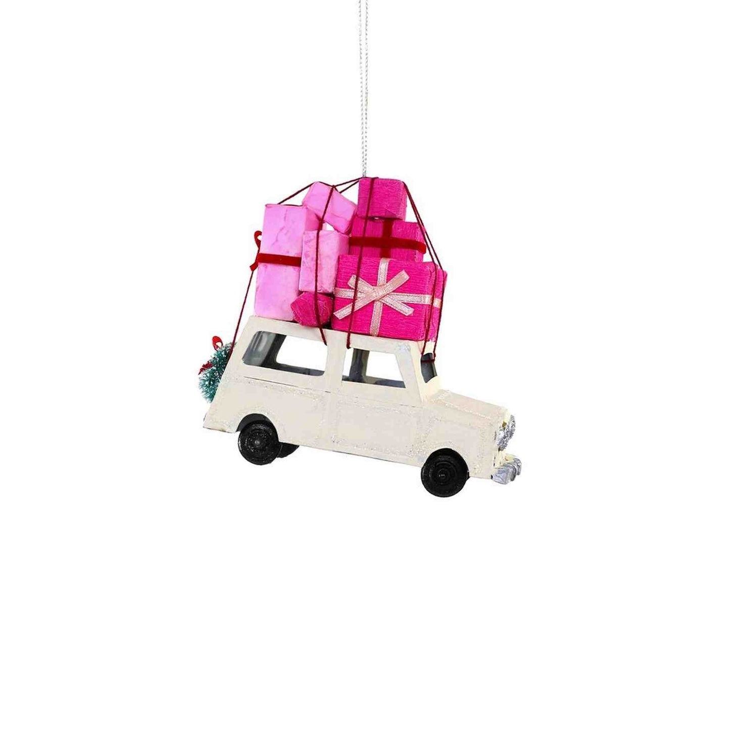 Hand-finished Merry Delivery Ornament by Cody Foster & Co., white car carrying pink gifts, festive holiday décor accent