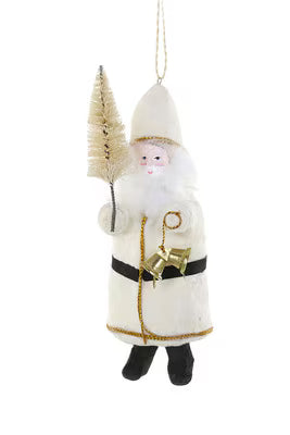 Vintage Santa ornament handcrafted in glass with classic old-world design holding a small tree and bells, hanging decoration.