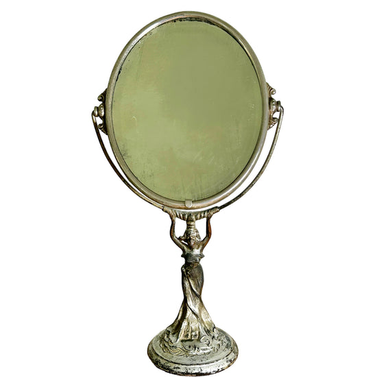 Antique Art Nouveau Cast Figural Metal Pedestal Ladies Vanity Mirror