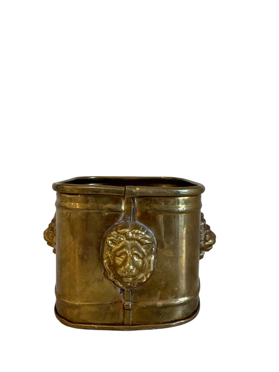 Vintage Brass Square Lion Head Planter