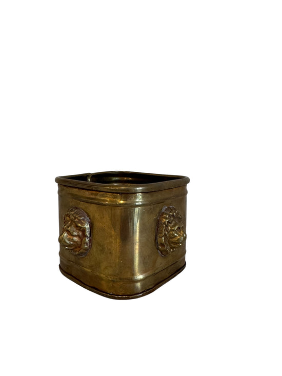 Vintage Brass Square Lion Head Planter