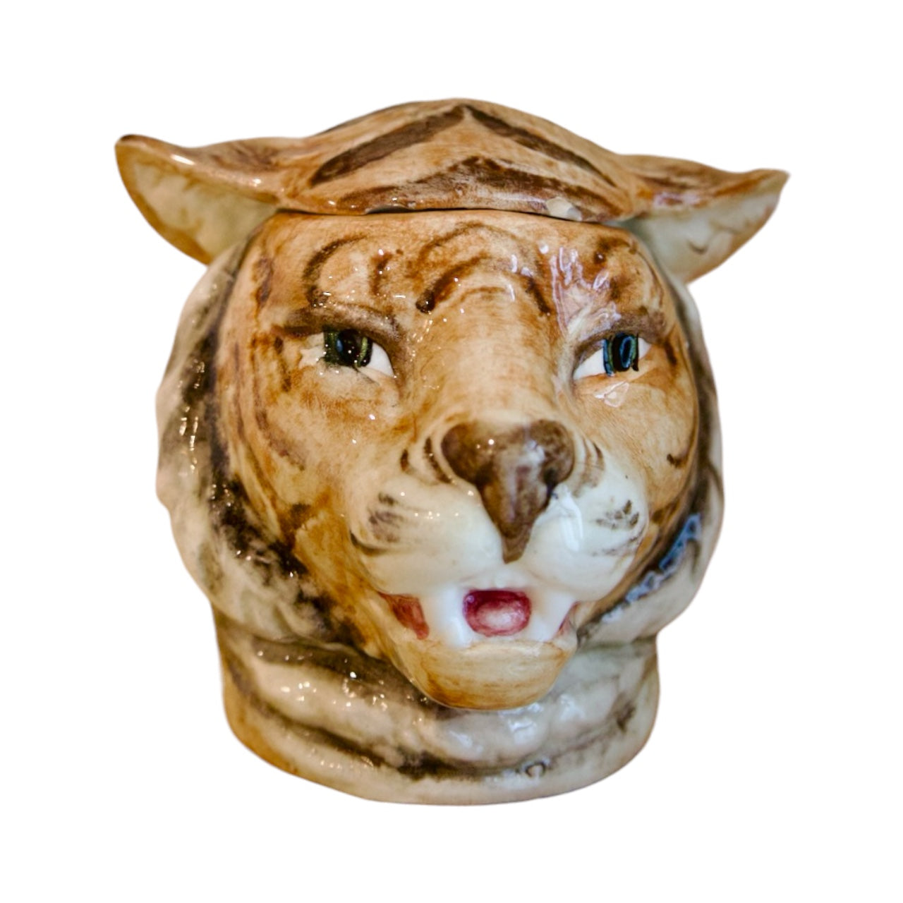 Vintage Ceramic Tiger Majolica Humidor