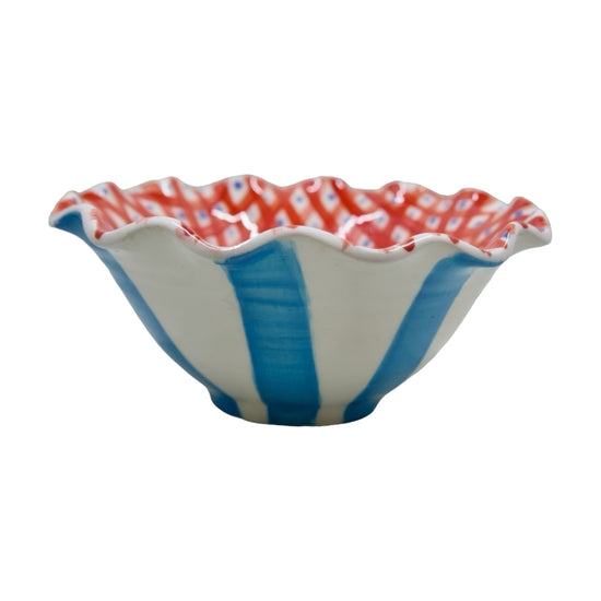 Vintage Handmade Ceramic Striped Ruffle Bowl