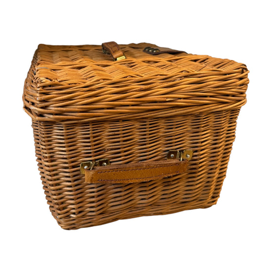 Vintage Natural Wicker with Leather Strap Picnic Basket