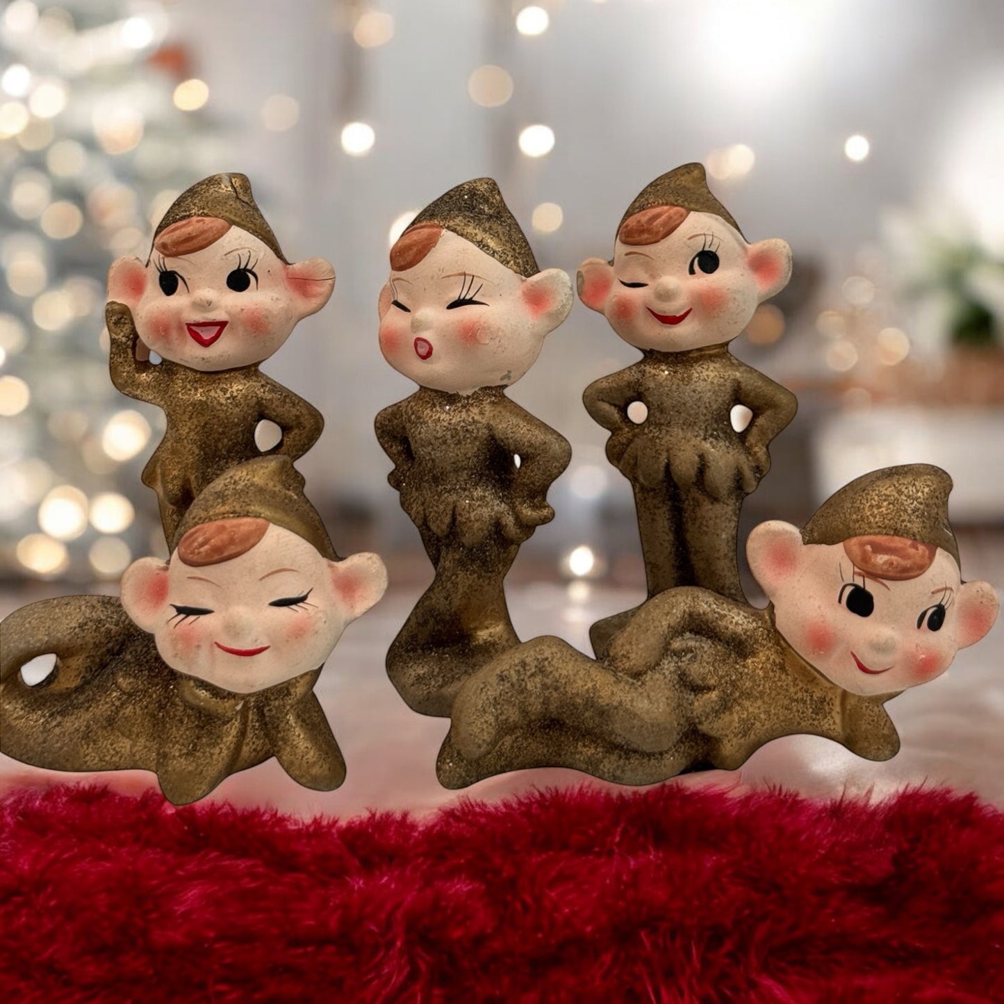 Set of 5 Vintage Christmas Elves - Curated Home Decor