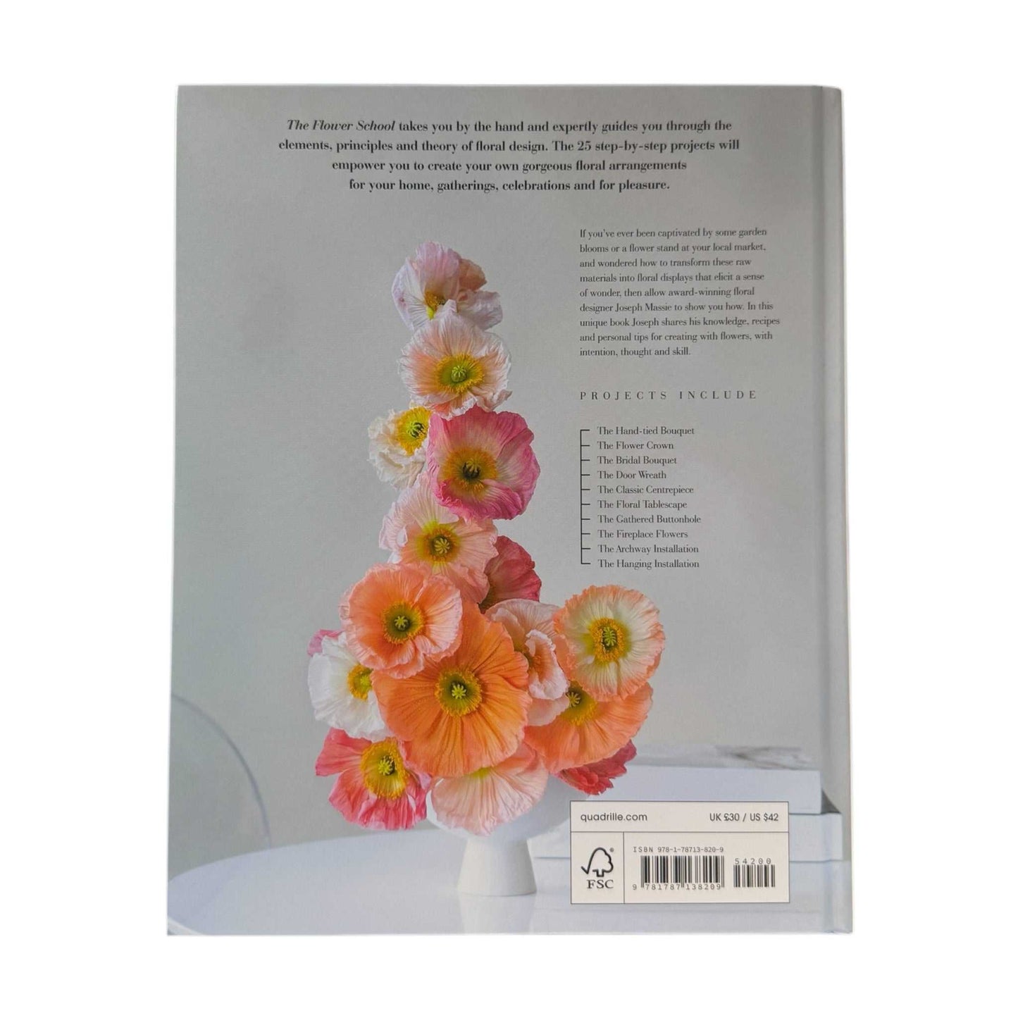 Back cover of The Flower School book showing floral arrangement and project list
