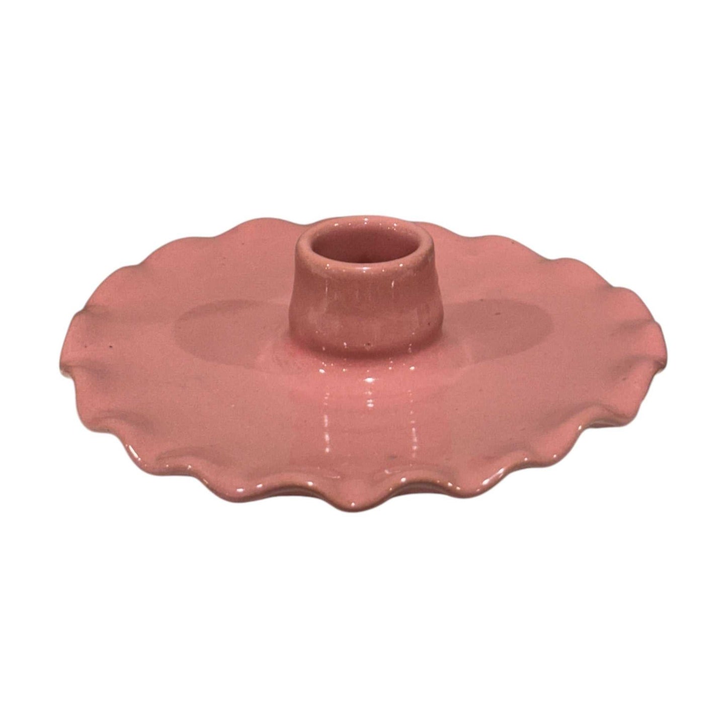 Pink Nénuphar handmade ceramic candle holder with scalloped plate and glossy finish