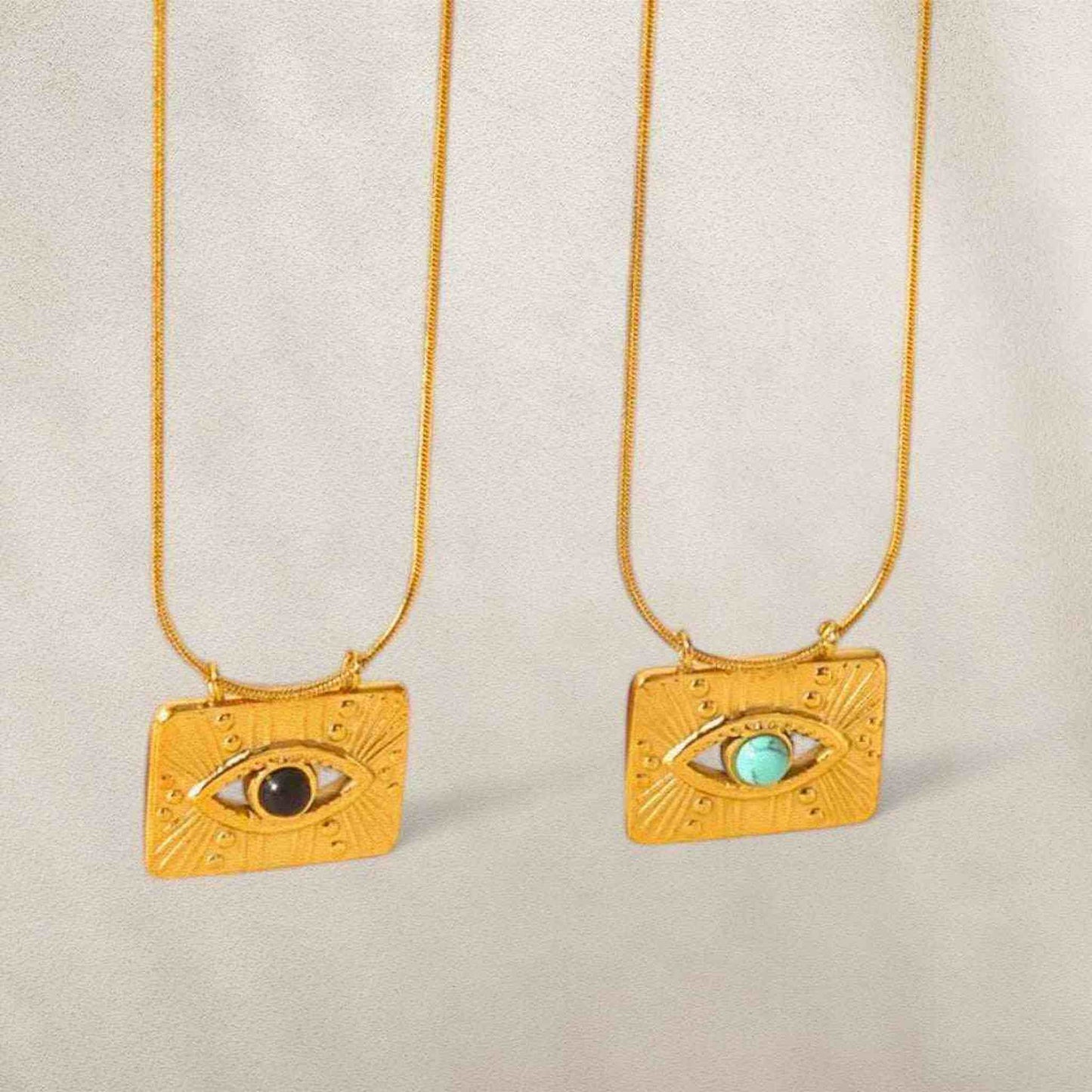 18K gold filled evil eye pendant necklaces with black and turquoise stones on gold chains