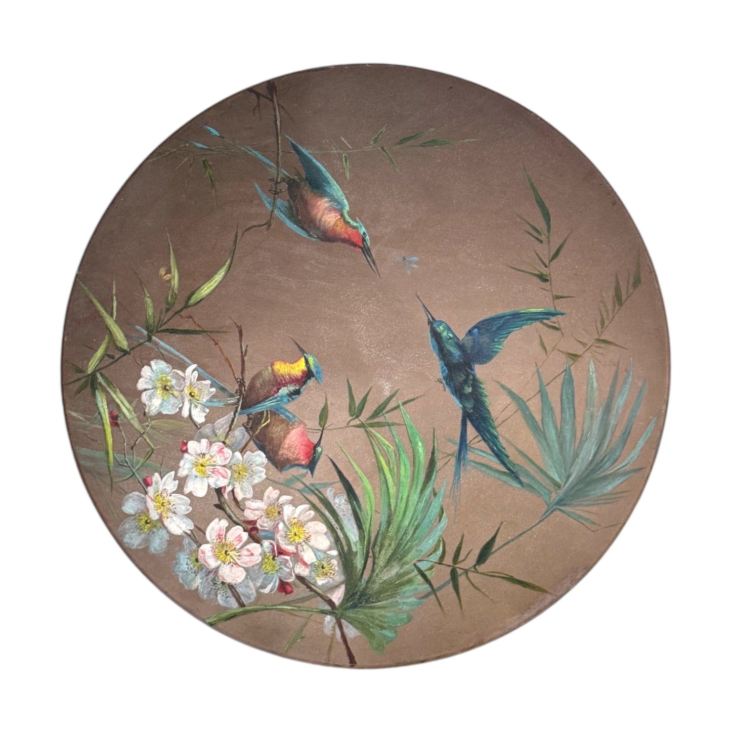 Antique Hand-Painted Metal Plaque – Botanical and Hummingbird Scene - Curated Home Decor