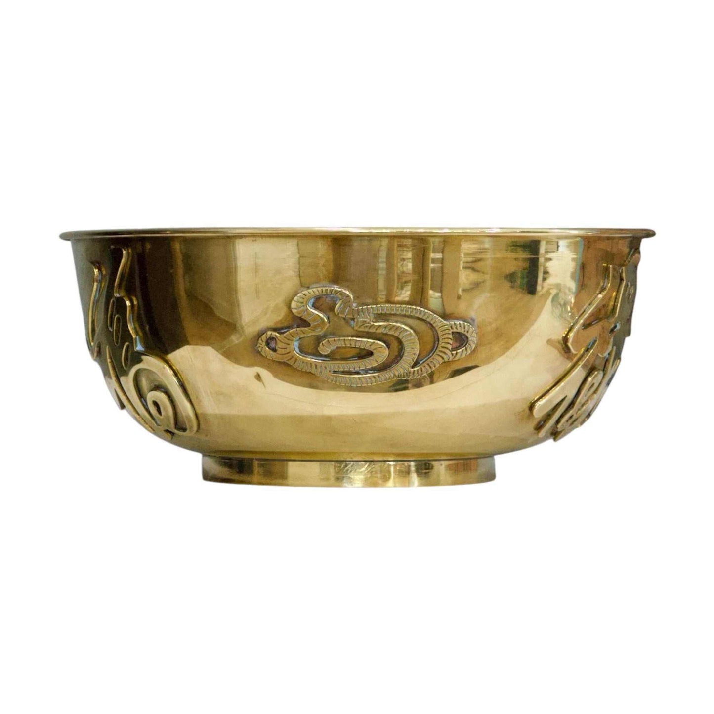 Vintage 1970s Brass Serpent Bowl with Chinese characters and serpentine design made in Hong Kong