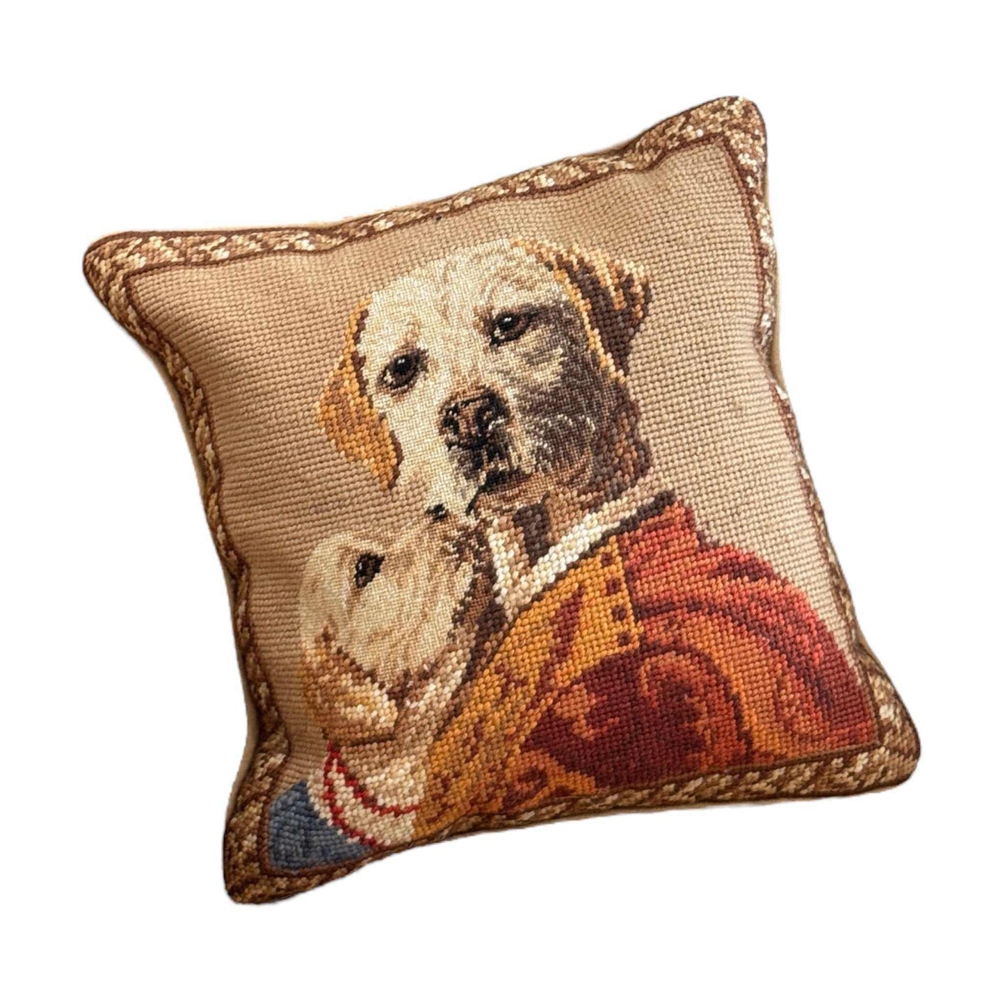 Vintage Needlepoint Throw Pillow Regal Dogs Portrait - Curated Home Decor