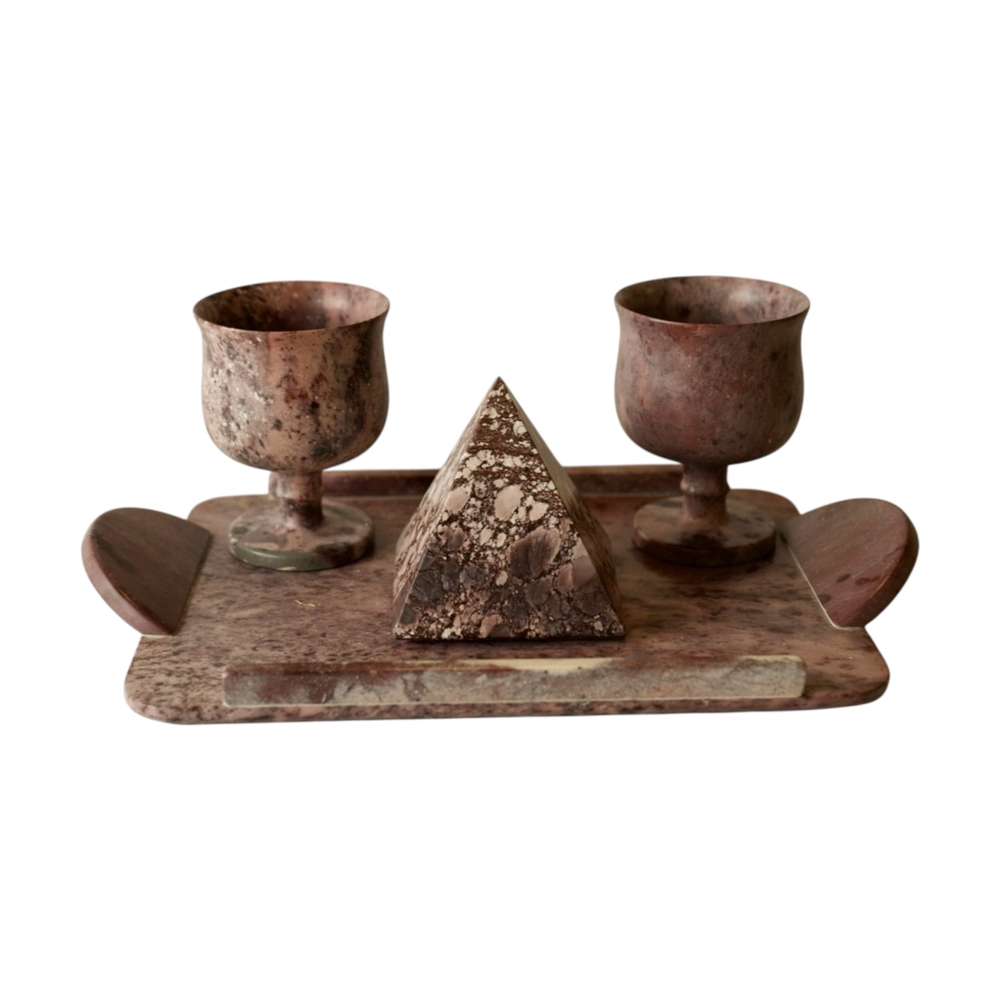 Vintage Breccia Marble Stone Goblet Set with Tray and Pyramid – 4 Piece Wine Set - Curated Home Decor