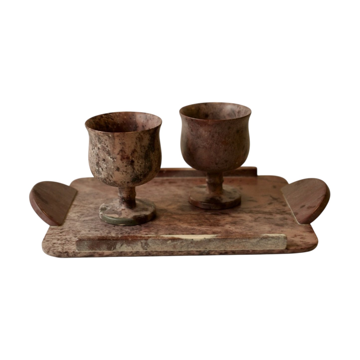Vintage Breccia Marble Stone Goblet Set with Tray and Pyramid – 4 Piece Wine Set - Curated Home Decor