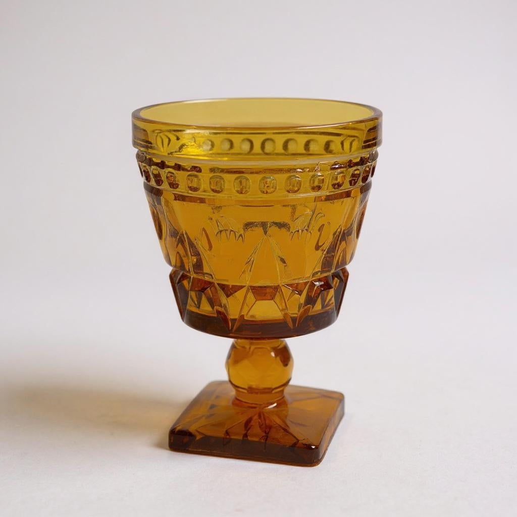 Set of 6 Antique Amber EAPG Goblets – Daisy & Button Style, Square Base – Late 1800s Pressed Glass - Curated Home Decor