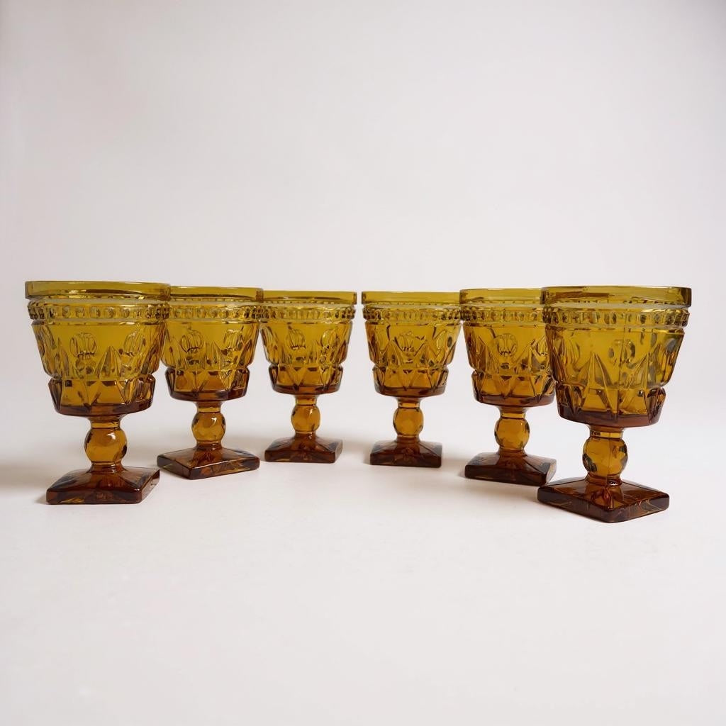 Set of 6 Antique Amber EAPG Goblets – Daisy & Button Style, Square Base – Late 1800s Pressed Glass - Curated Home Decor