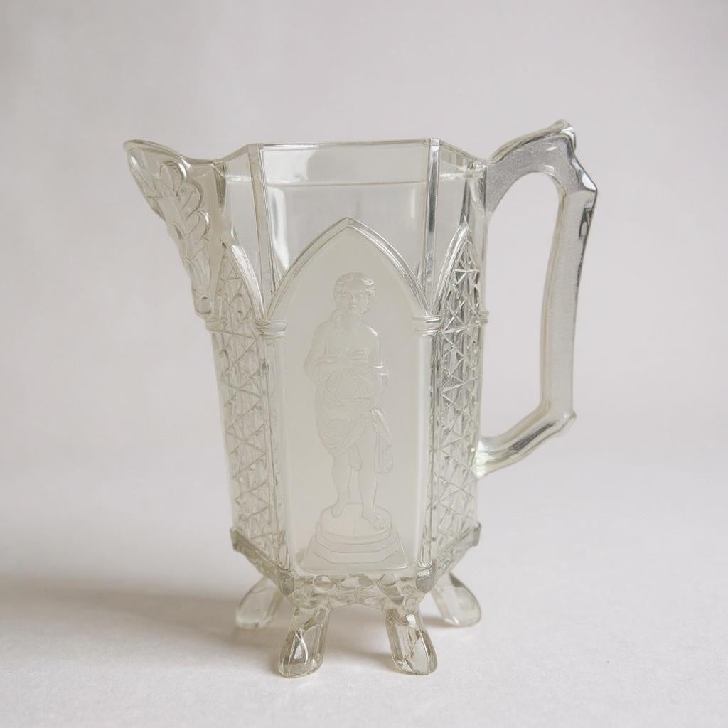 Antique Gillinder Glass Water Pitcher – Satin Frosted Figure Panels – Circa 1875 - Curated Home Decor
