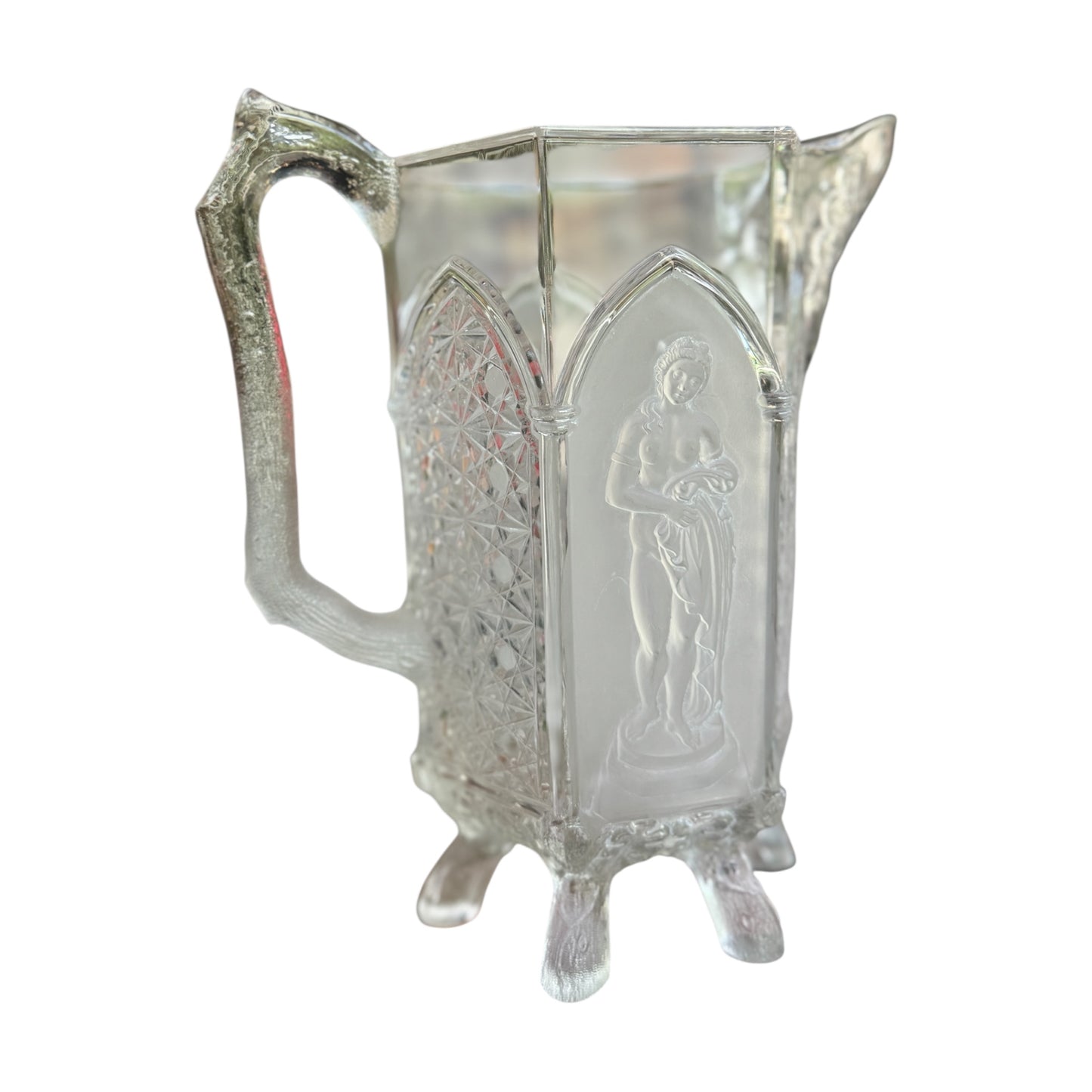 Antique Gillinder Glass Water Pitcher – Satin Frosted Figure Panels – Circa 1875 - Curated Home Decor