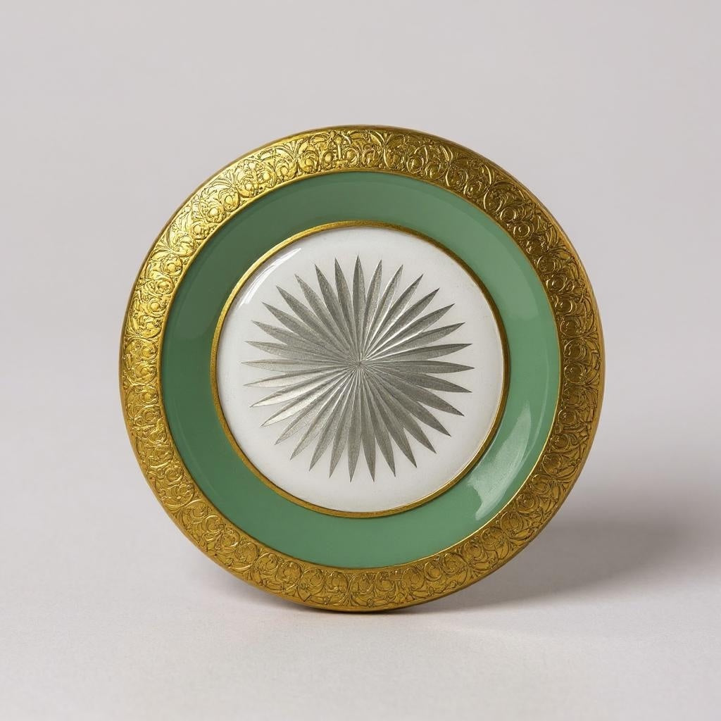 Set of 10 Vintage Dessert Plates – Pale Jade Green with Gold Encrustation – 7.5” – Attributed to Moser - Curated Home Decor