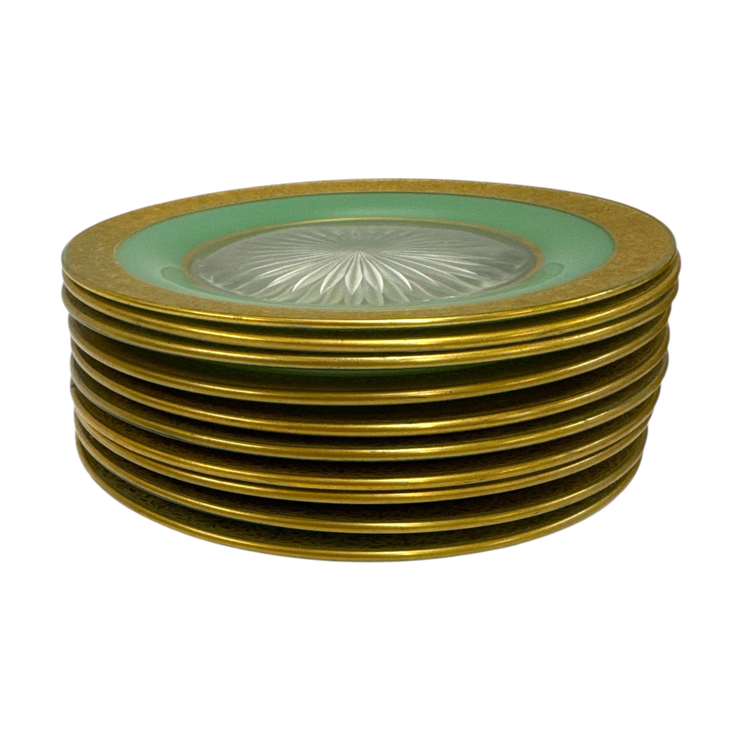 Set of 10 Vintage Dessert Plates – Pale Jade Green with Gold Encrustation – 7.5” – Attributed to Moser - Curated Home Decor
