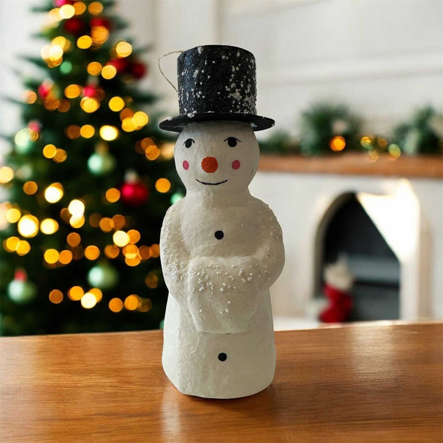 Cody Foster & Co. vintage cotton snowman ornament with black top hat and hand-finished details for Christmas décor