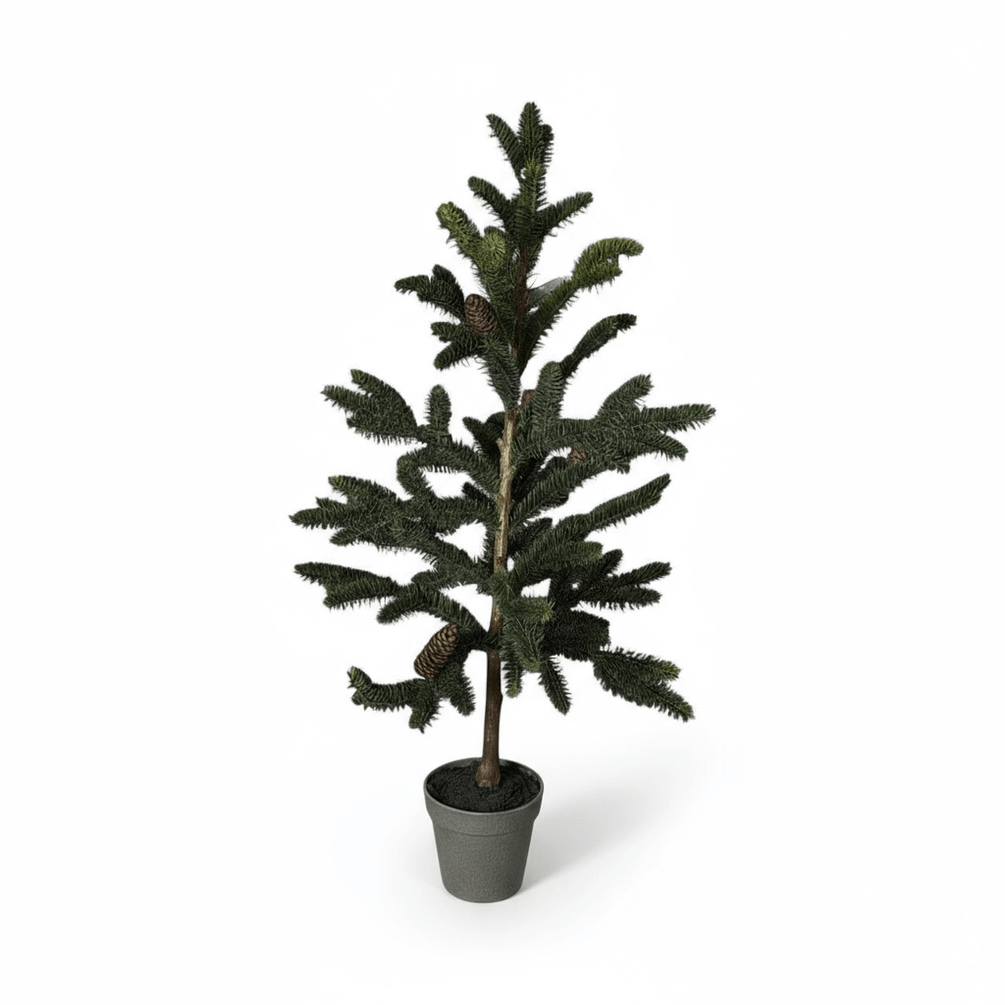 Faux white spruce pine tree with pinecones in a black pot, 31 inches tall.