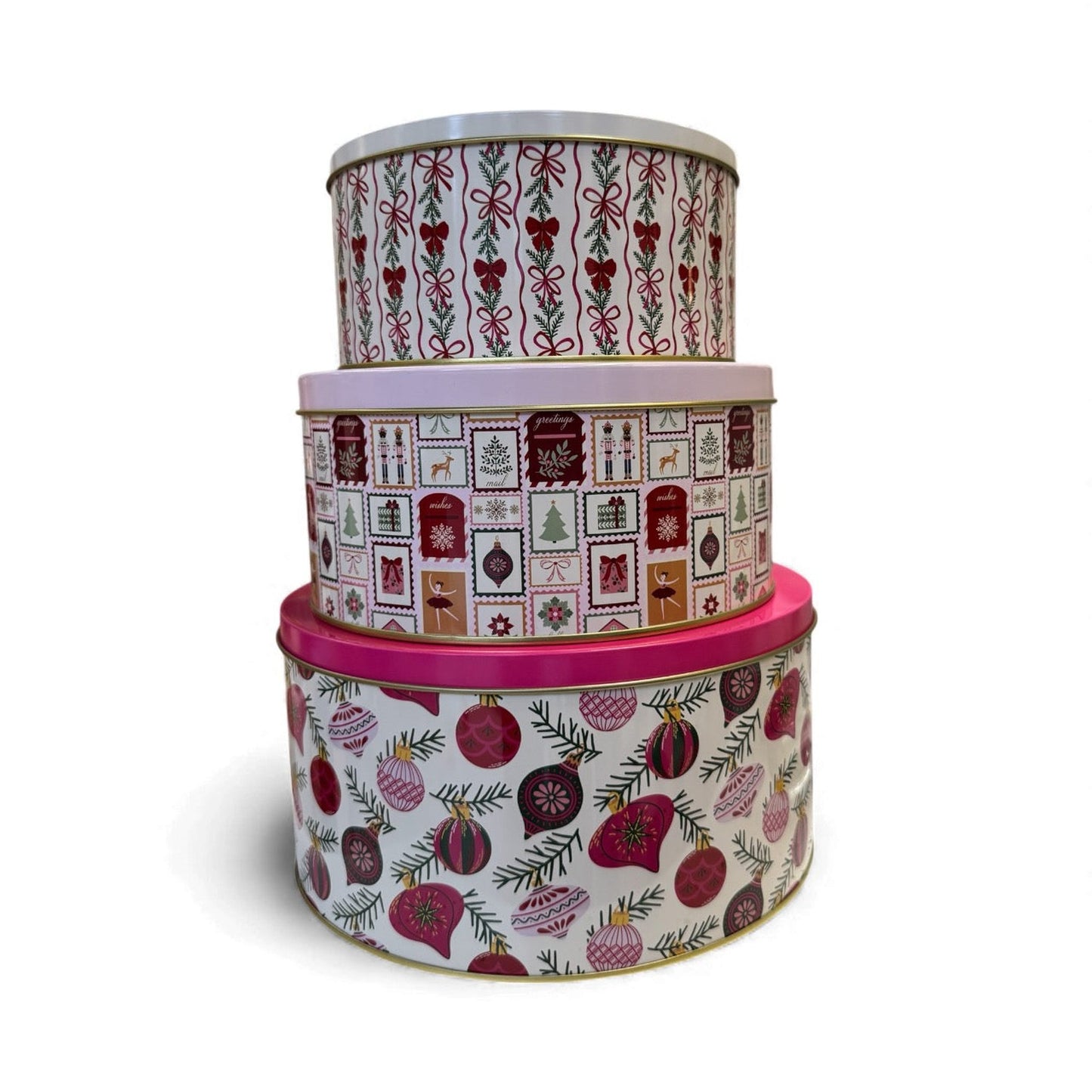 set of 3 Martha Stewart holiday cookie tins with festive nesting design for gifting and storage