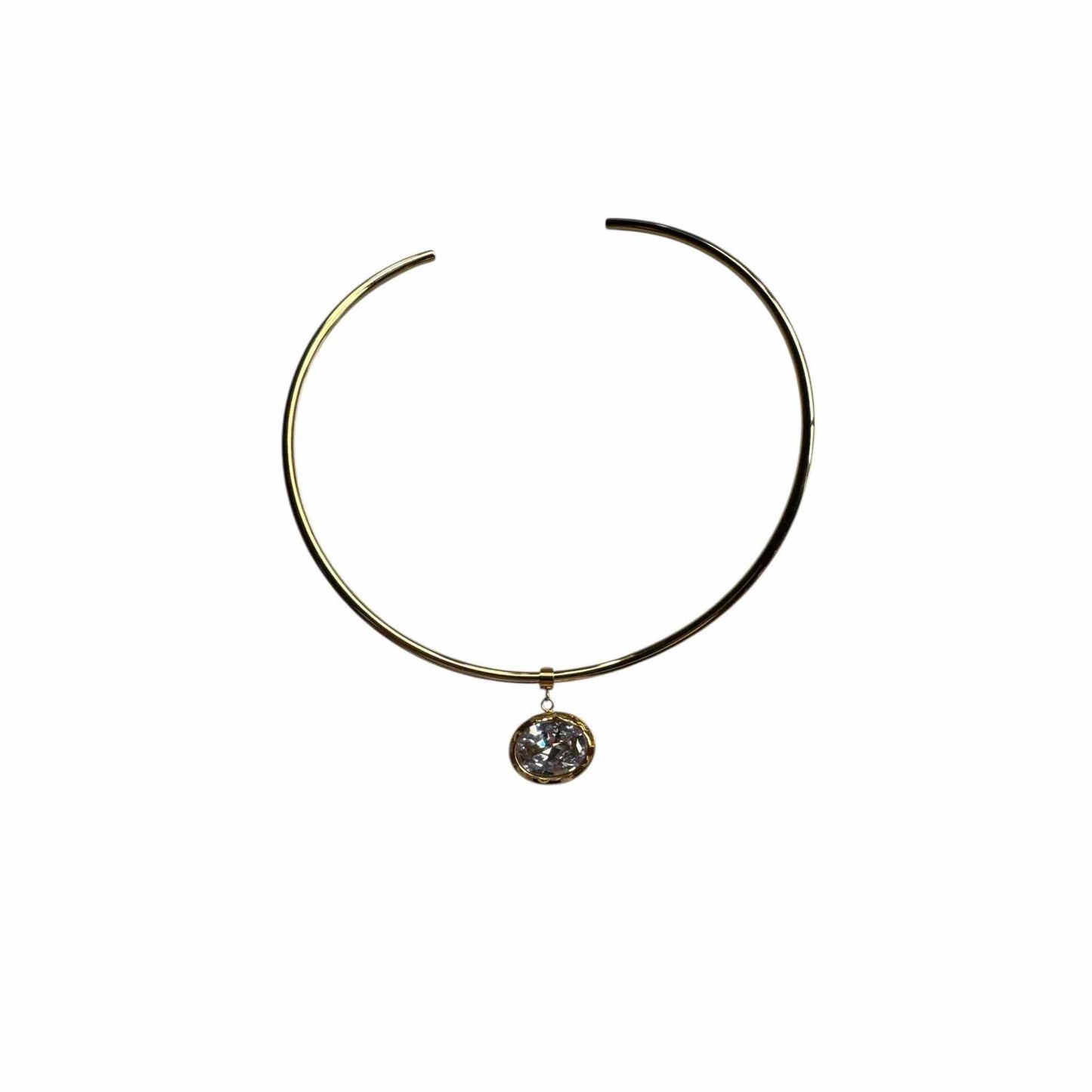 gold-plated collar necklace with open band and round faceted stone pendant