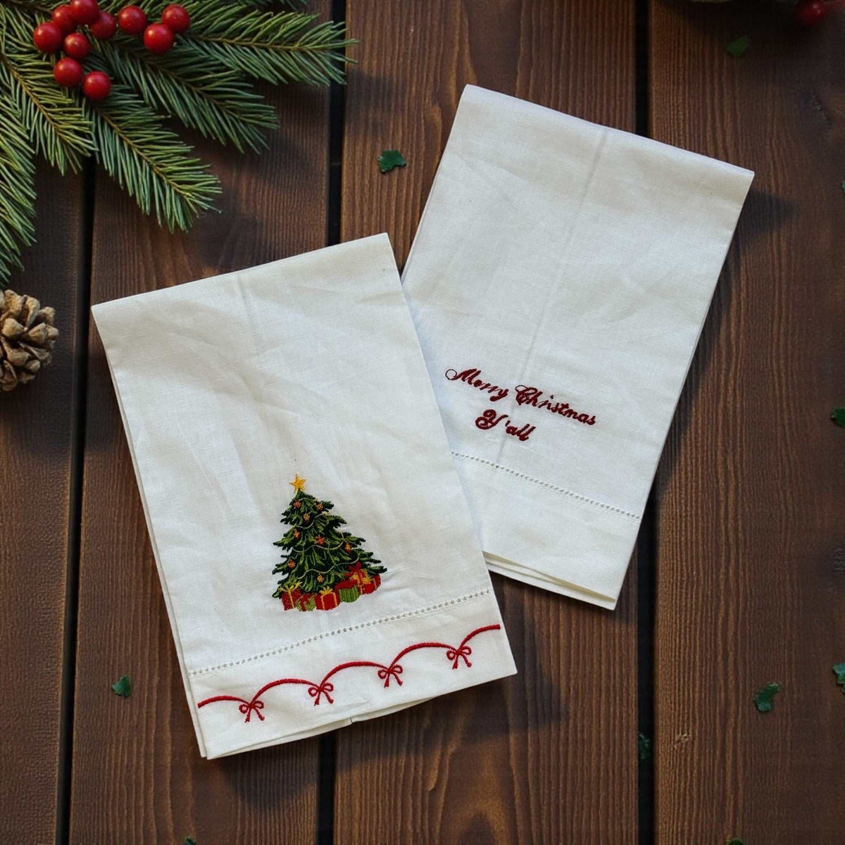 
                  
                    Christmas embroidered linen guest towels with tree and "Merry Christmas Y’all" design, 22x14 inches
                  
                