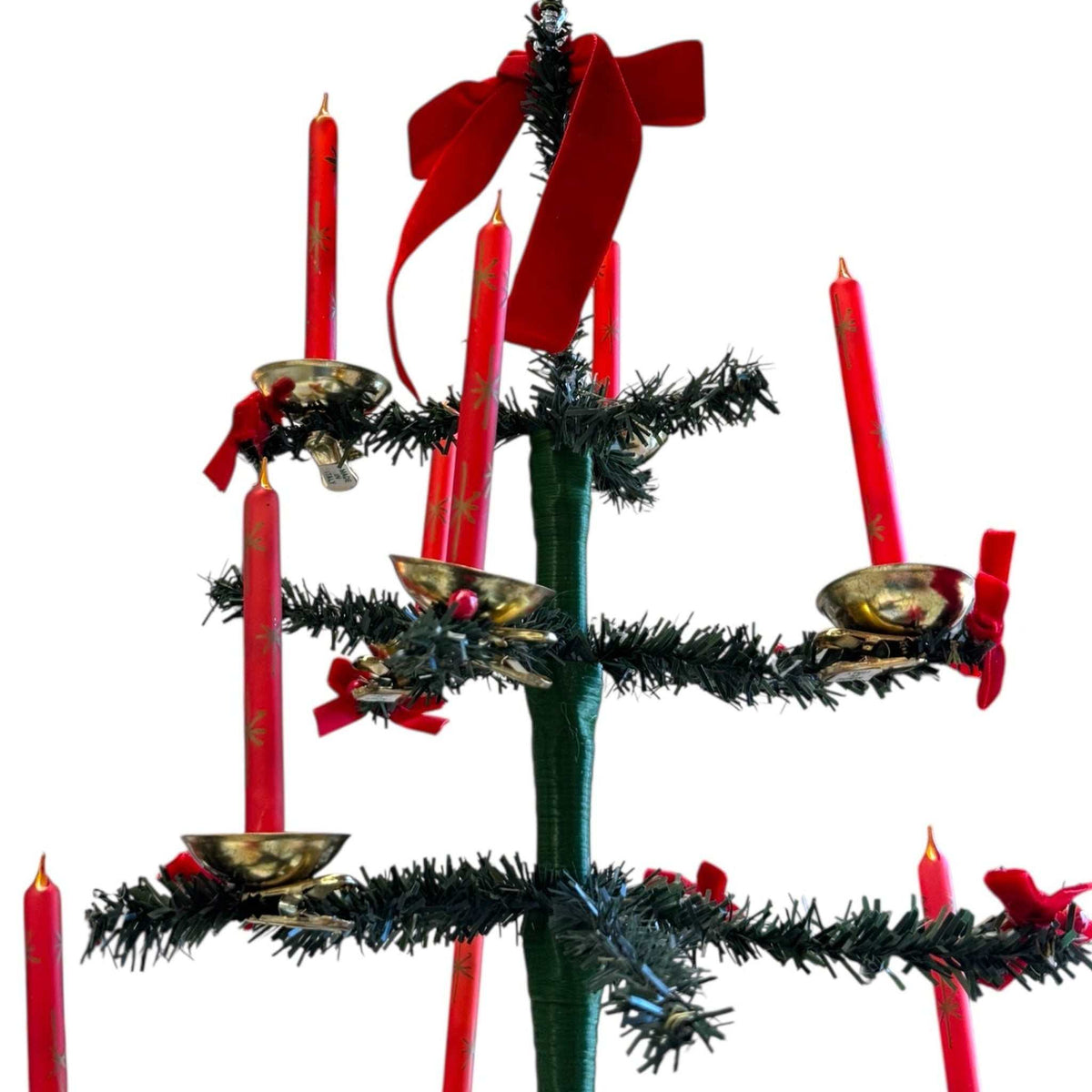
                  
                    Vintage little green Christmas tree with red glass candle ornaments and red bows on brass clips
                  
                