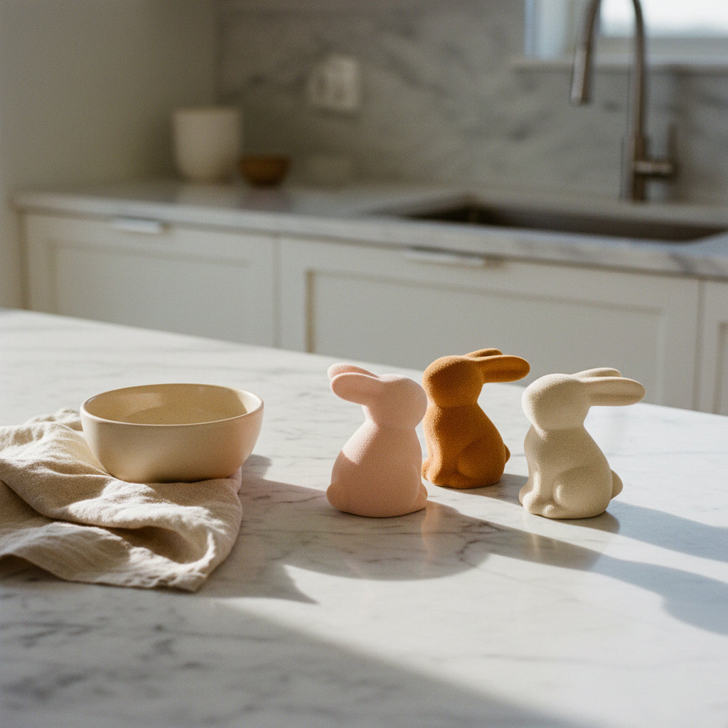 3.5 inch flocked bunny figurines in pastel colors with soft velvety finish for spring and Easter decor