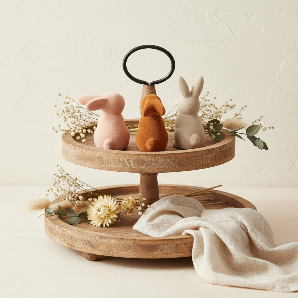 3.5 inch flocked bunny figurines in peachy pink, french gray, and terracotta orange with soft velvety finish for spring and Easter decor