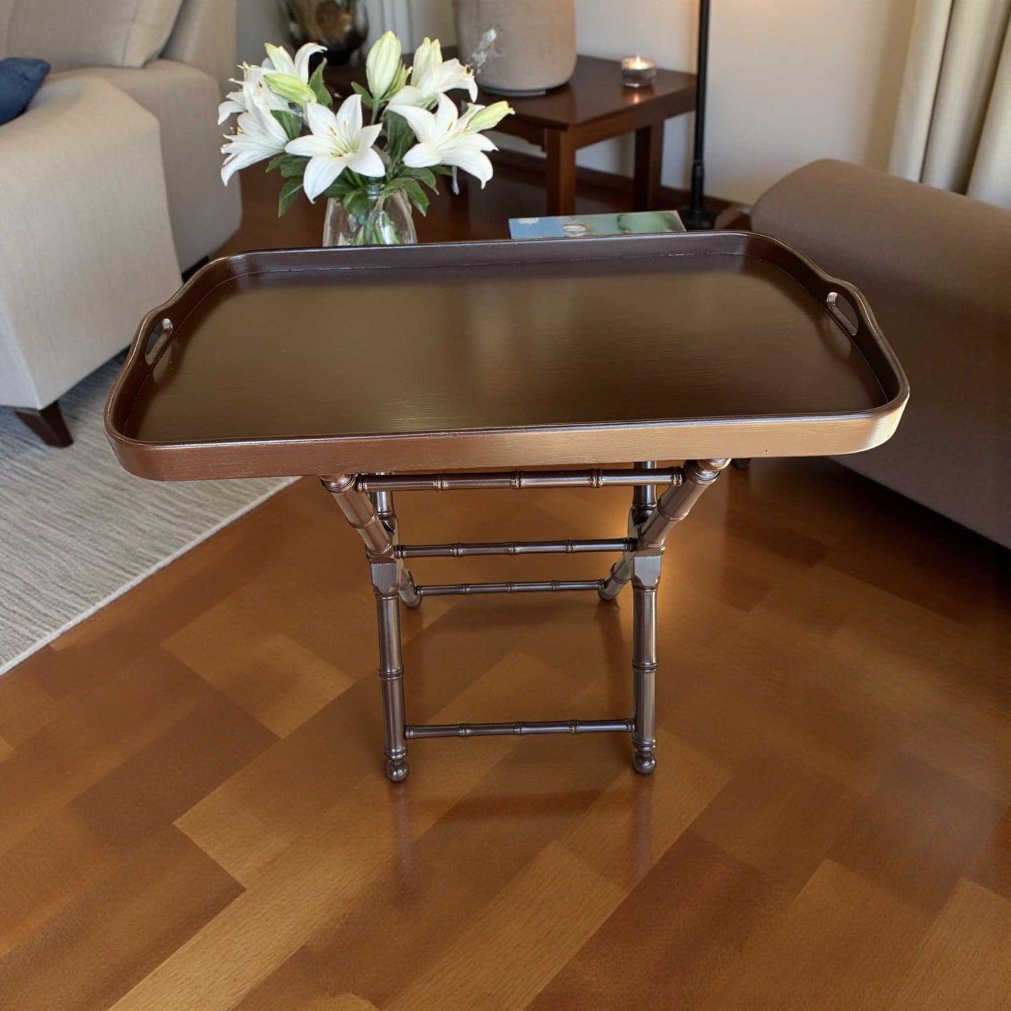 Vintage Drexel tray table with solid wood, restored finish, and classic design