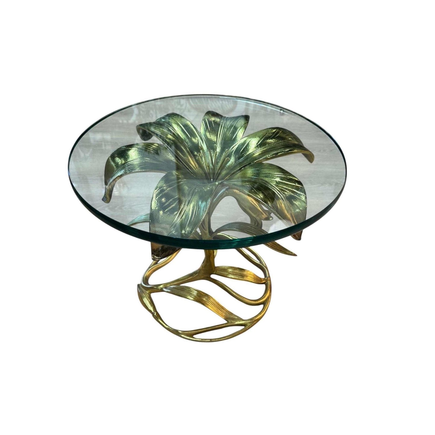 Hollywood Regency vintage side table with gilded lily leaf base and round glass top