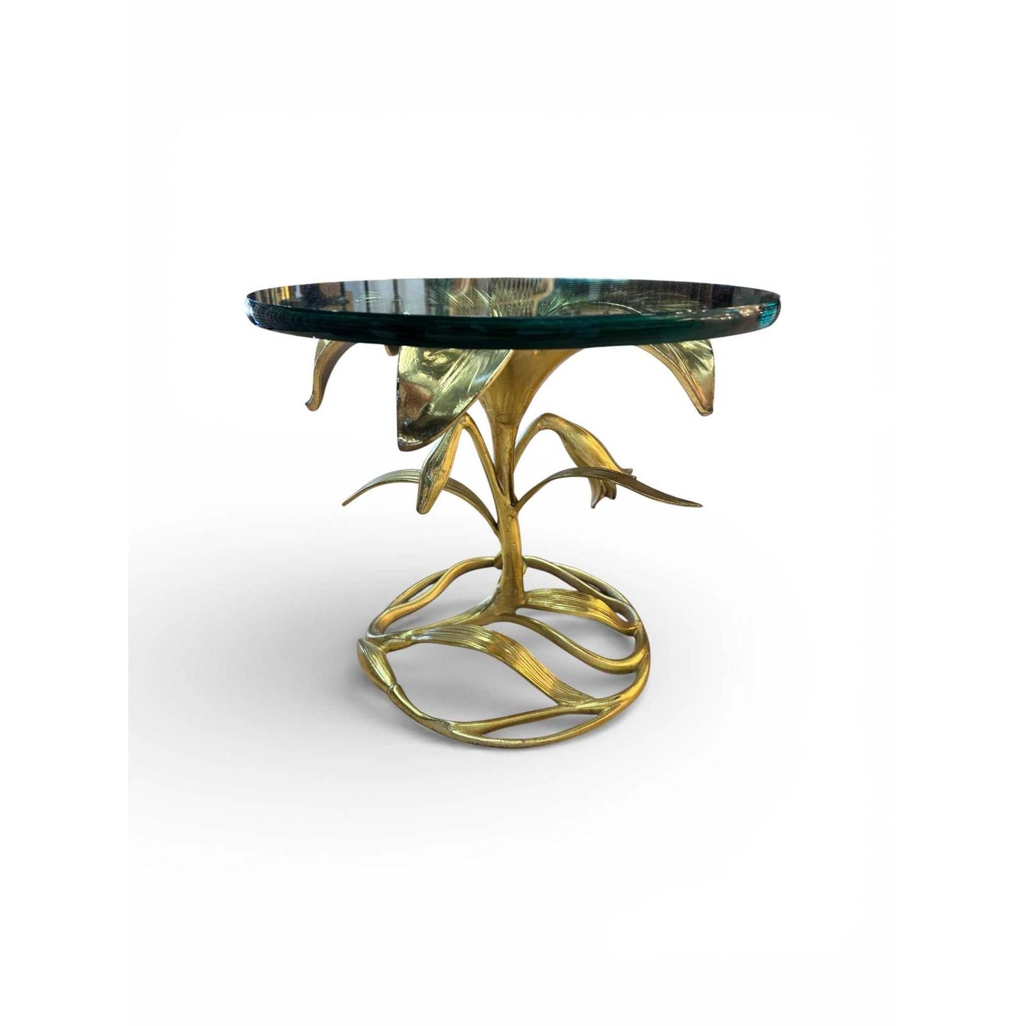 Hollywood Regency vintage side table with gilded lily leaf base and round glass top