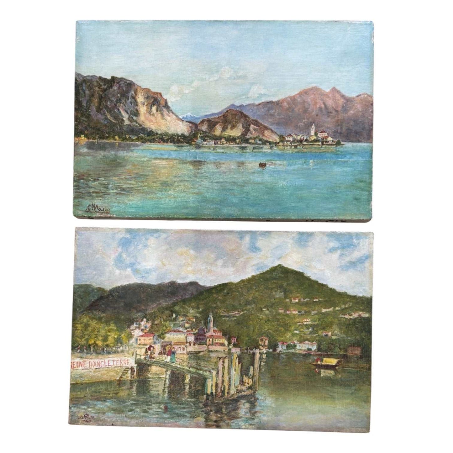 Set of 2 vintage European landscape paintings of Italian lakes with signed oil on canvas and gallery stamp