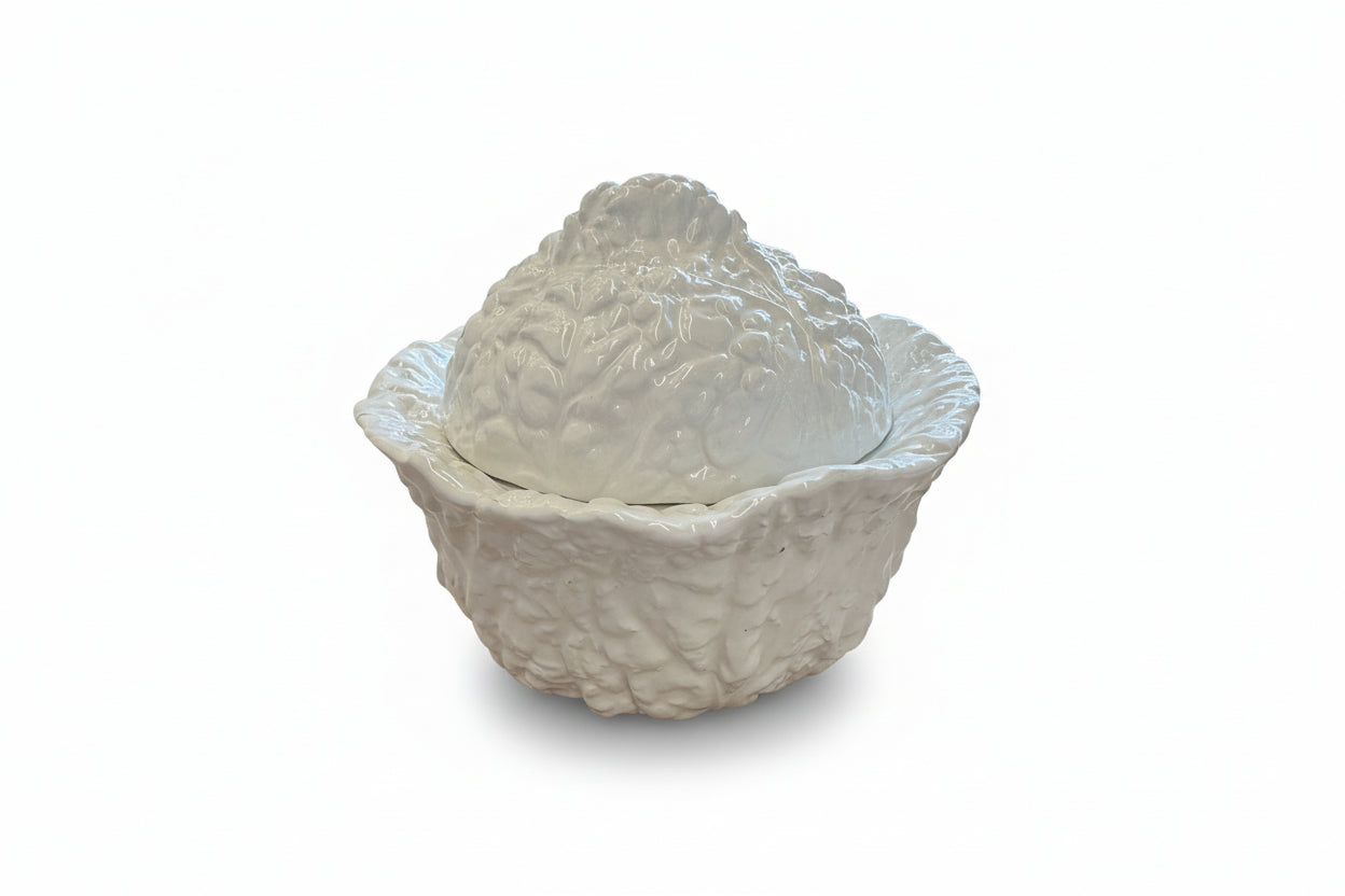 Vintage Italian Capodimonte lidded ceramic bowl shaped like a white cabbage with detailed texture and glazed finish