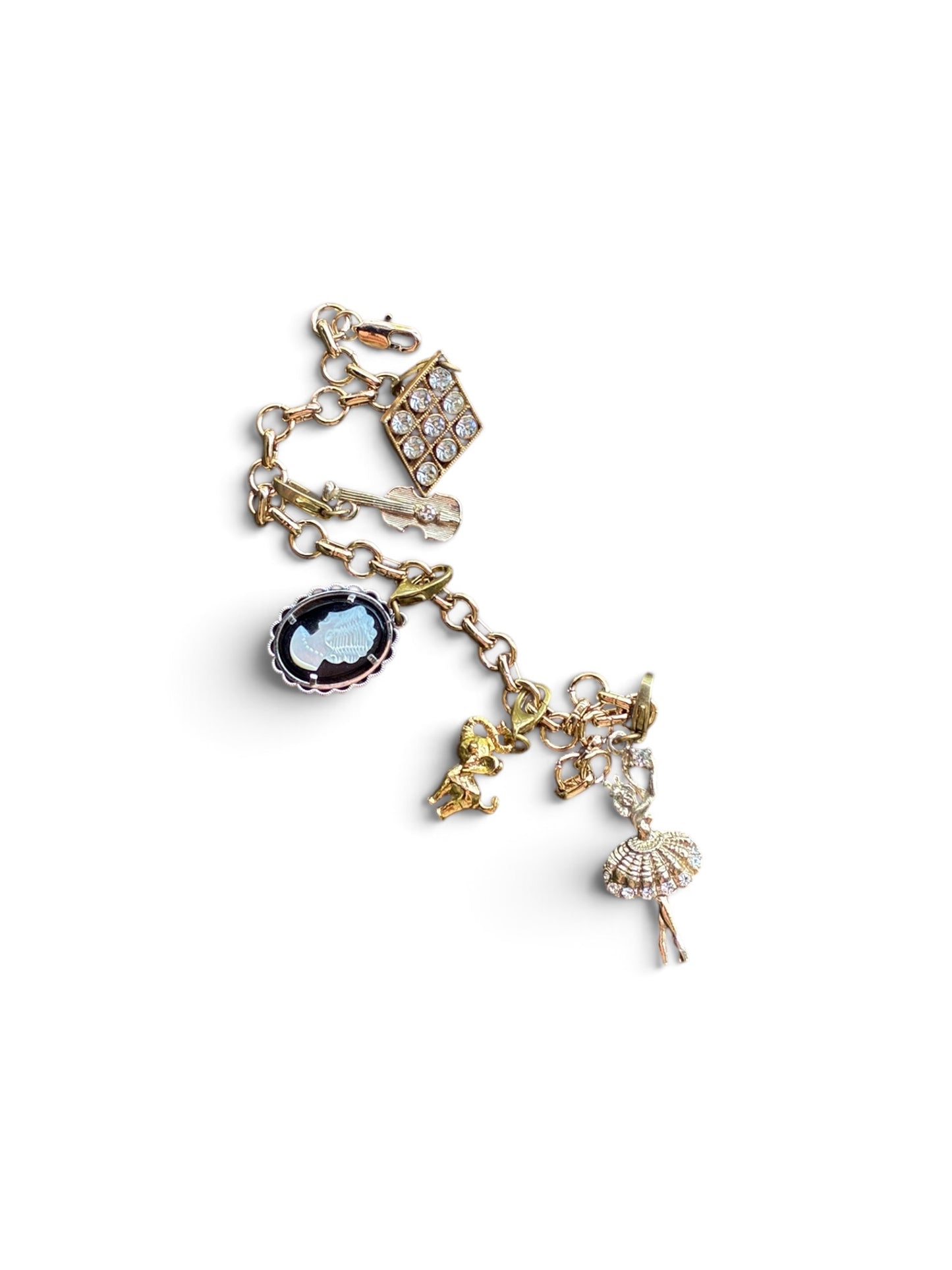 
                  
                    Vintage Gold-Tone Charm Bracelet — Ballerina, Elephant, Cameo & Violin Charms - Curated Home Decor
                  
                